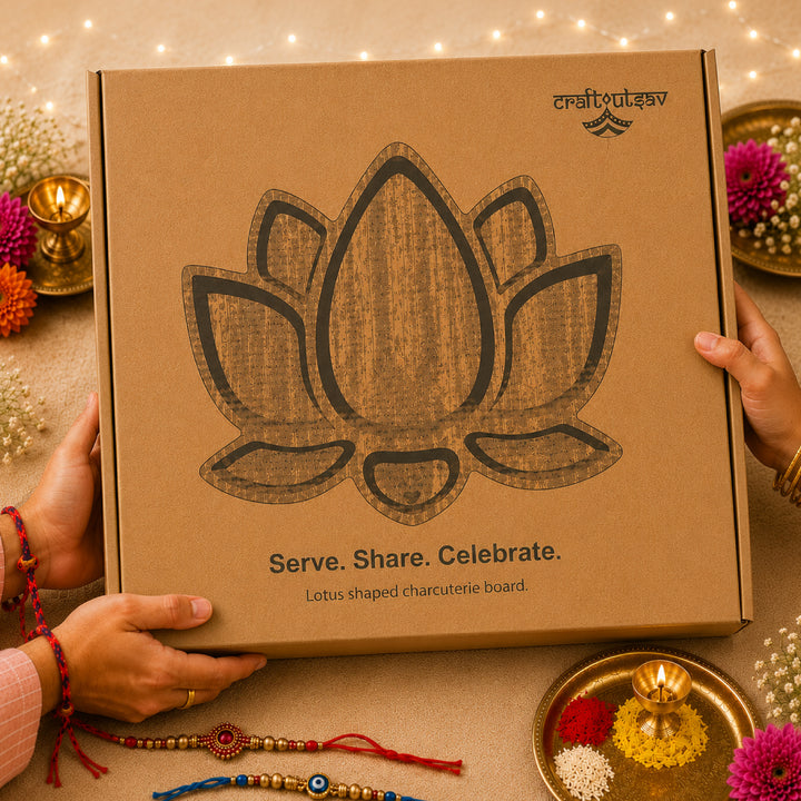 Lotus Shaped Acacia Wood Serving Board | Indian Home Decor, 14x11 Inches