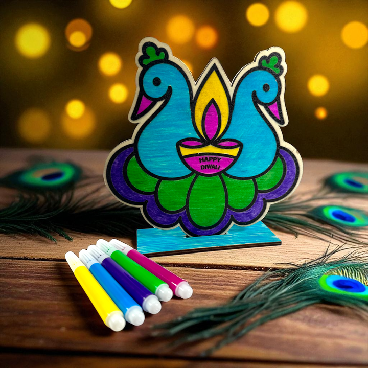 Happy Diwali Peacock Wood Coloring Kit