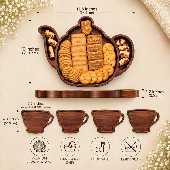 PRE-ORDER : Teapot Shaped Wooden Serving Board with 4 Coasters