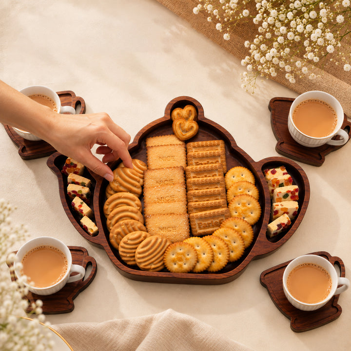PRE-ORDER : Teapot Shaped Wooden Serving Board with 4 Coasters
