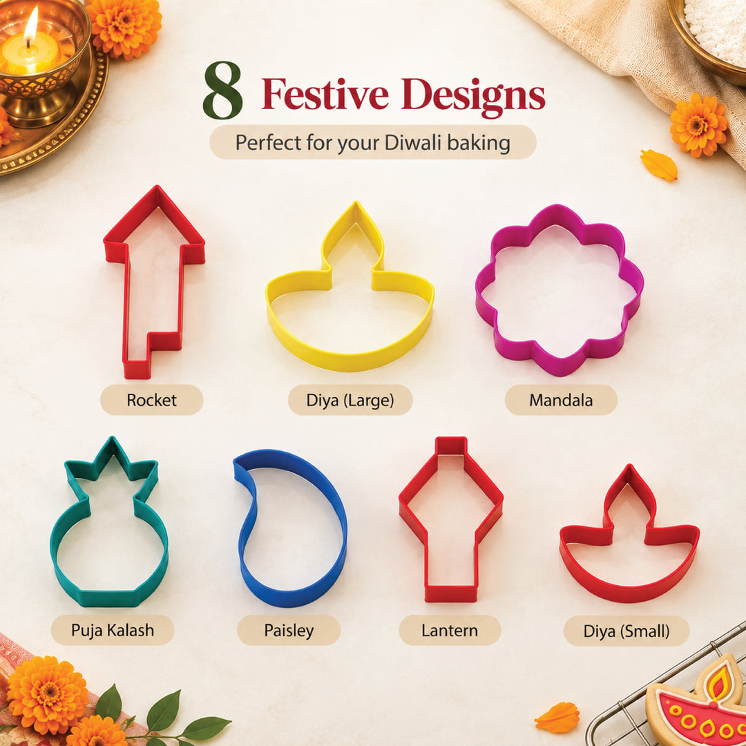 Diwali Cookie Cutter Set, 8 PCS Stainless steel Diya, Lantern, Fireworks, Mandala, Paisley, Lotus, Kalash. Biscuit Pastry Fondant Stencil