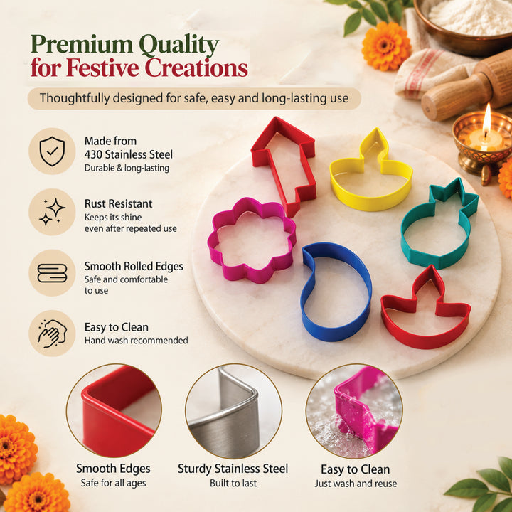 Diwali Cookie Cutter Set, 8 PCS Stainless steel Diya, Lantern, Fireworks, Mandala, Paisley, Lotus, Kalash. Biscuit Pastry Fondant Stencil