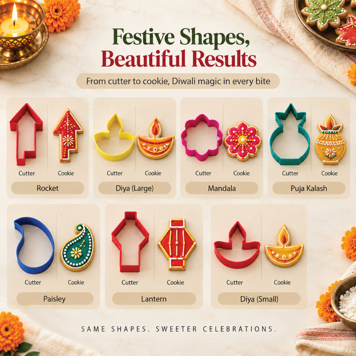 Diwali Cookie Cutter Set, 8 PCS Stainless steel Diya, Lantern, Fireworks, Mandala, Paisley, Lotus, Kalash. Biscuit Pastry Fondant Stencil