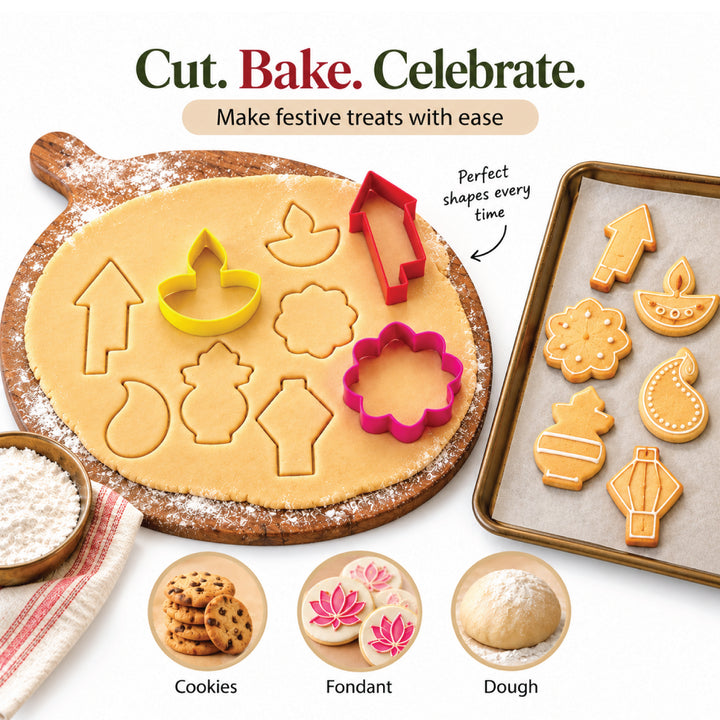 Diwali Cookie Cutter Set, 8 PCS Stainless steel Diya, Lantern, Fireworks, Mandala, Paisley, Lotus, Kalash. Biscuit Pastry Fondant Stencil