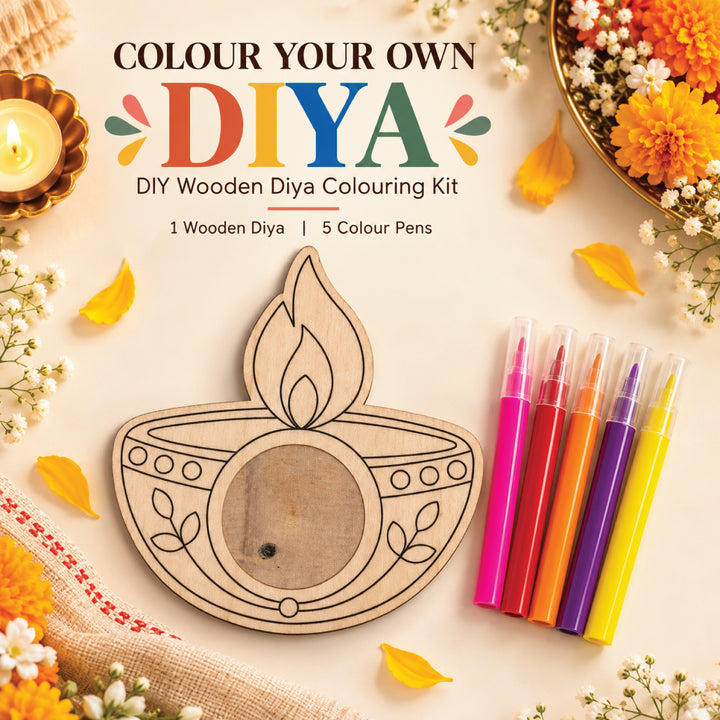 Wooden diya coloring kit with five color pens