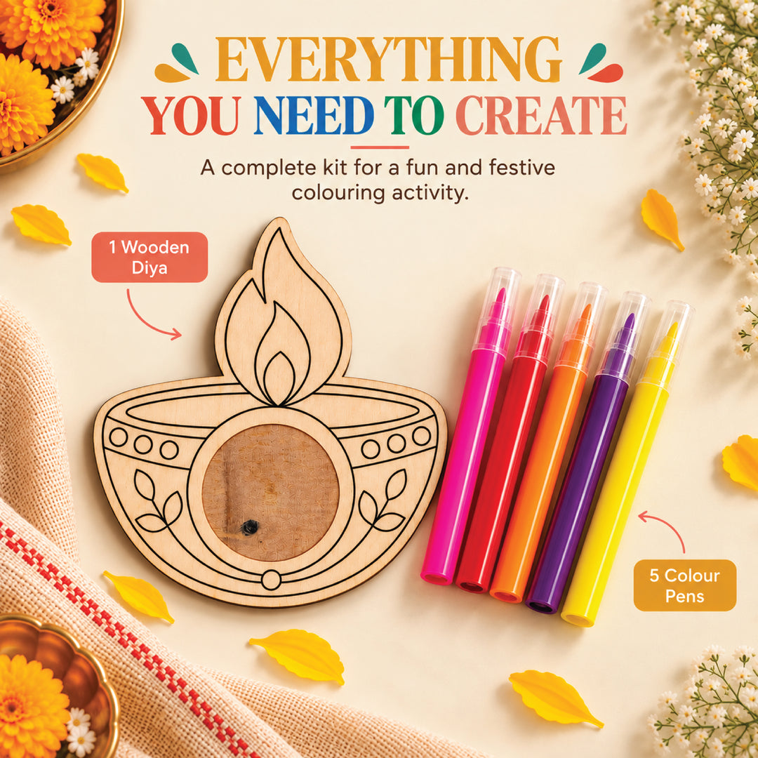 Kit contents: one wooden diya and five color pens