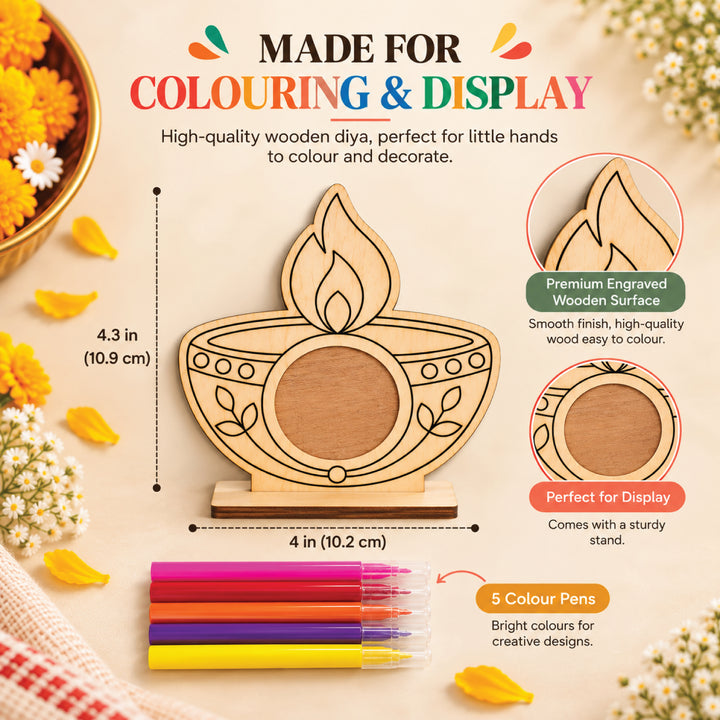 Wooden diya coloring kit dimensions, included display stand, and five color pens