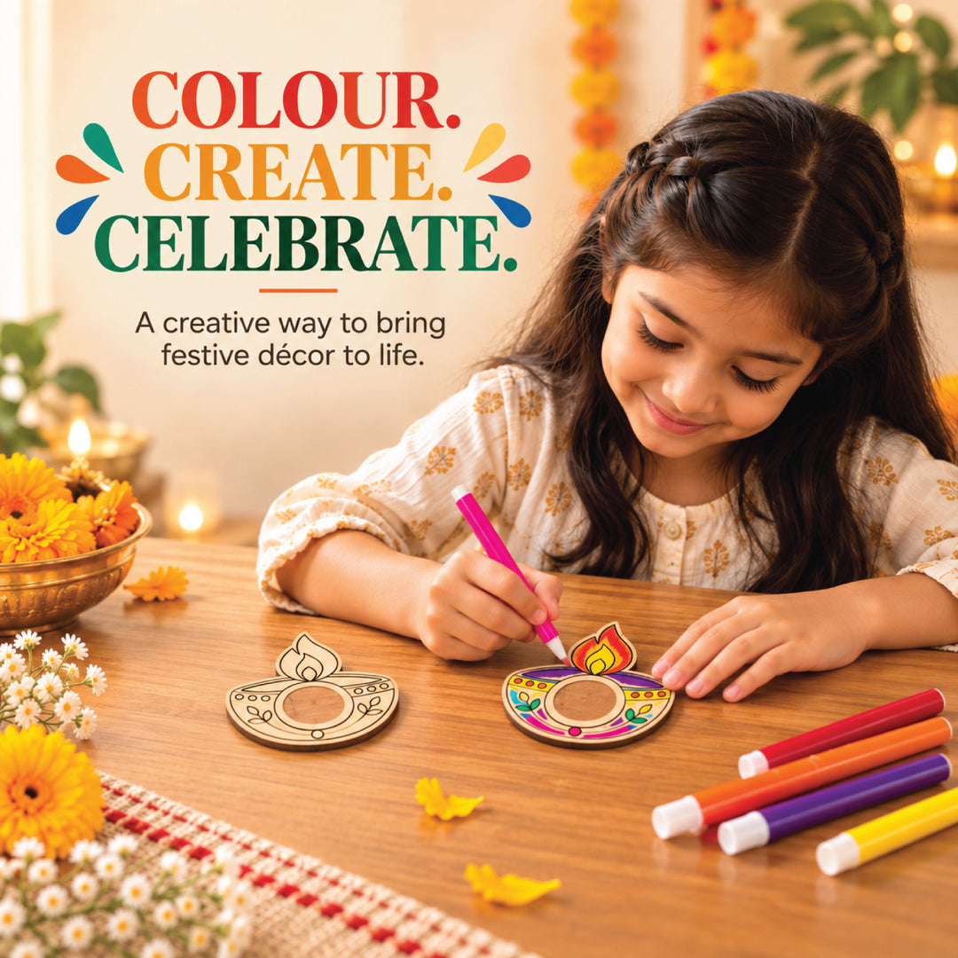 Diya coloring activity with uncolored and decorated wooden diyas