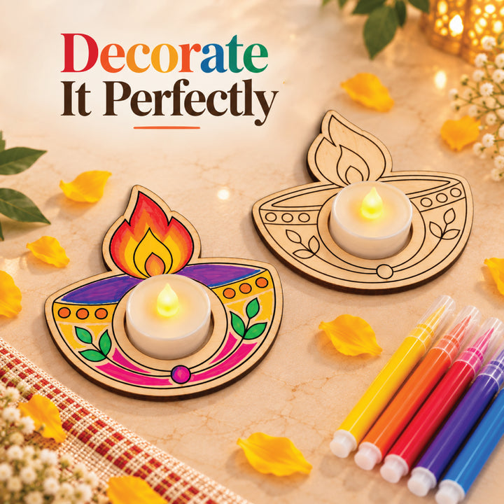 Colored and uncolored diya holders styled with LED tea lights; tea lights not included