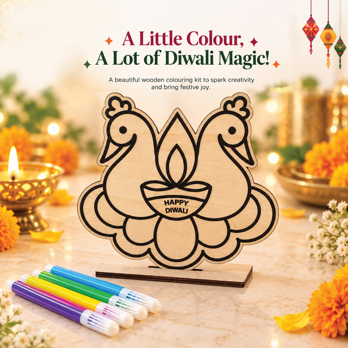 Happy Diwali wooden peacock coloring kit with stand and five sketch pens