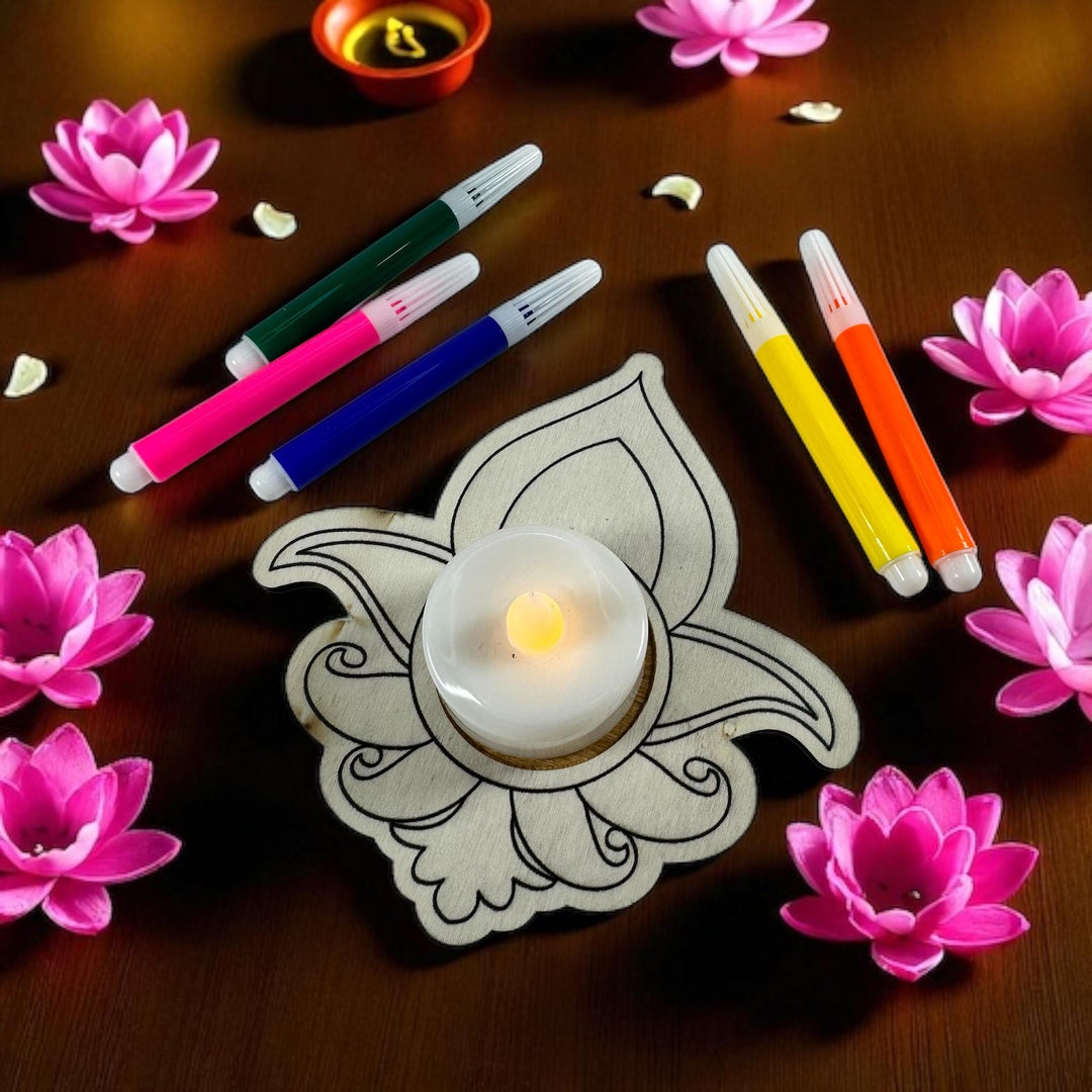 Lotus Wood Coloring Kit with Tea Light Holder