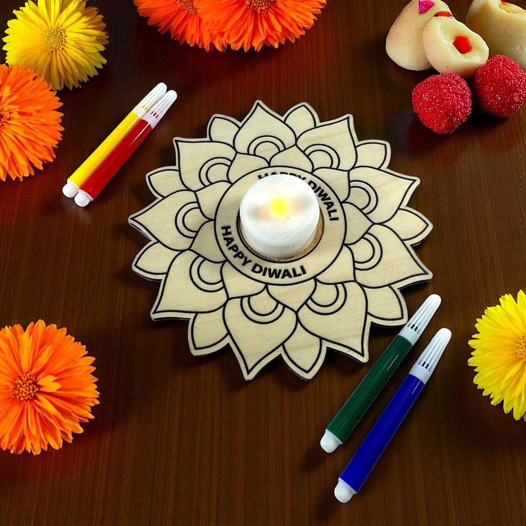 Happy Diwali Rangoli Wood Coloring Kit with Tea Light Holder