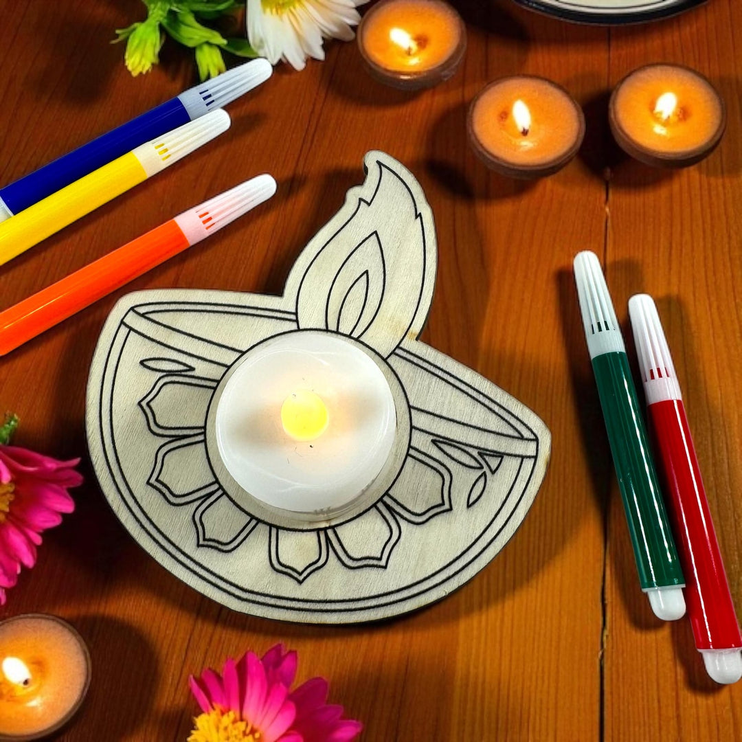 Diwali Diya Wood Coloring Kit with Tea Light Holder