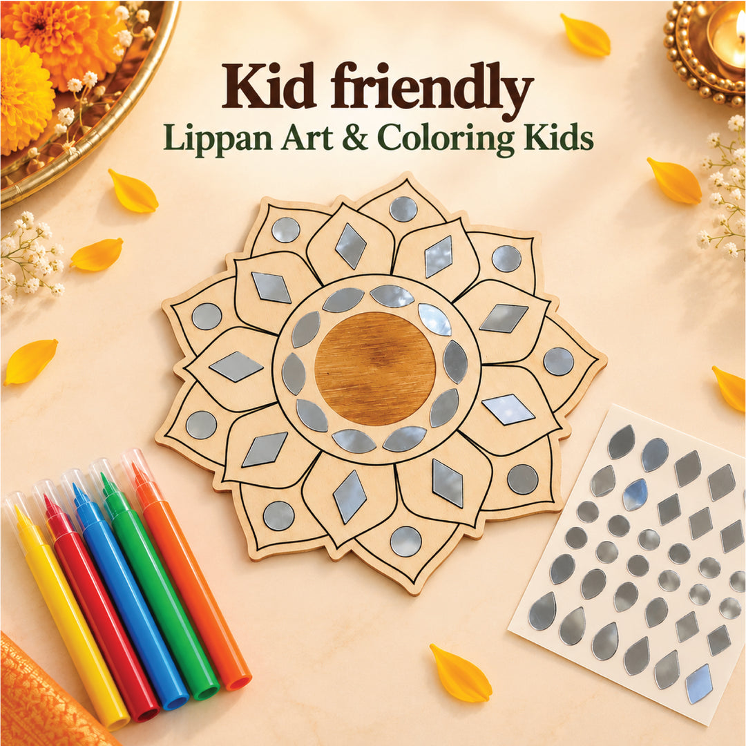 Lippan art mandala craft kit with wooden base, five coloring pens and silver mirror-finish stickers