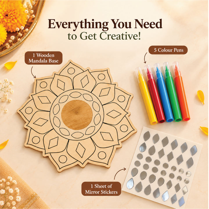 Kit contents: one wooden mandala base, five color pens and one sheet of mirror-finish stickers