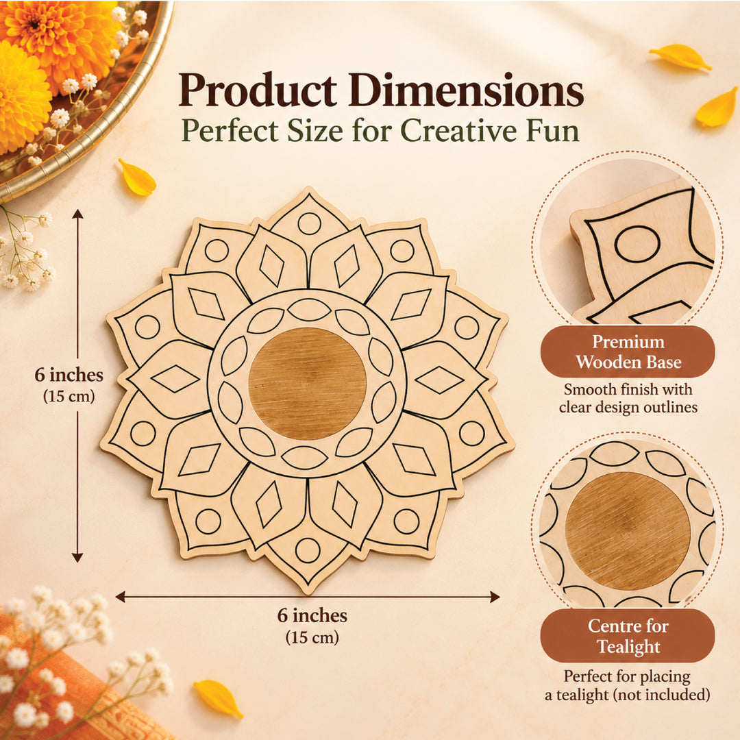 Wooden Lippan art mandala base measuring approximately 6 by 6 inches; tea light not included