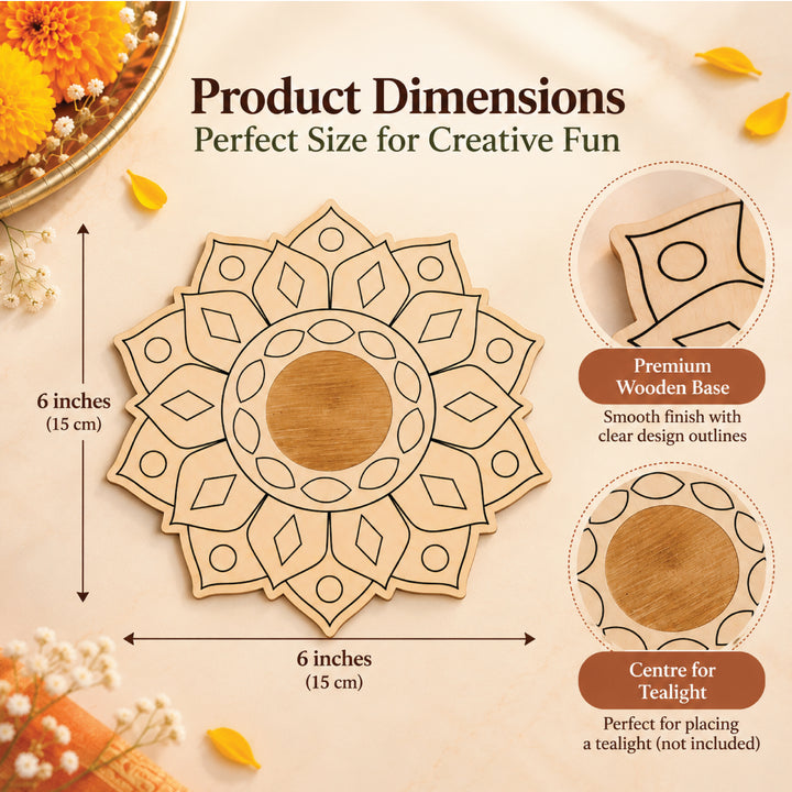 Wooden Lippan art mandala base measuring approximately 6 by 6 inches; tea light not included