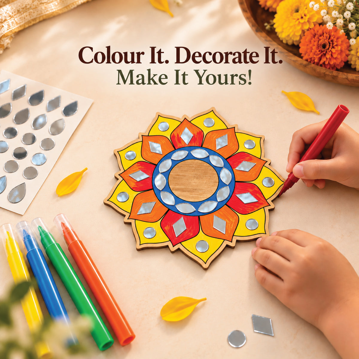 Coloring a wooden mandala in red, orange, yellow and blue, decorated with silver mirror-finish stickers
