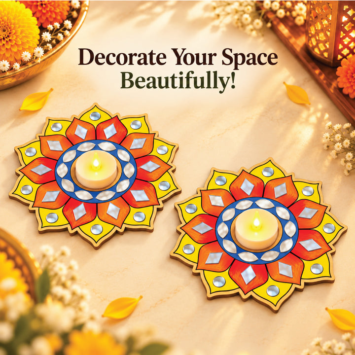 Two finished Lippan art mandala examples displayed with LED tea lights; each kit makes one and lights are not included