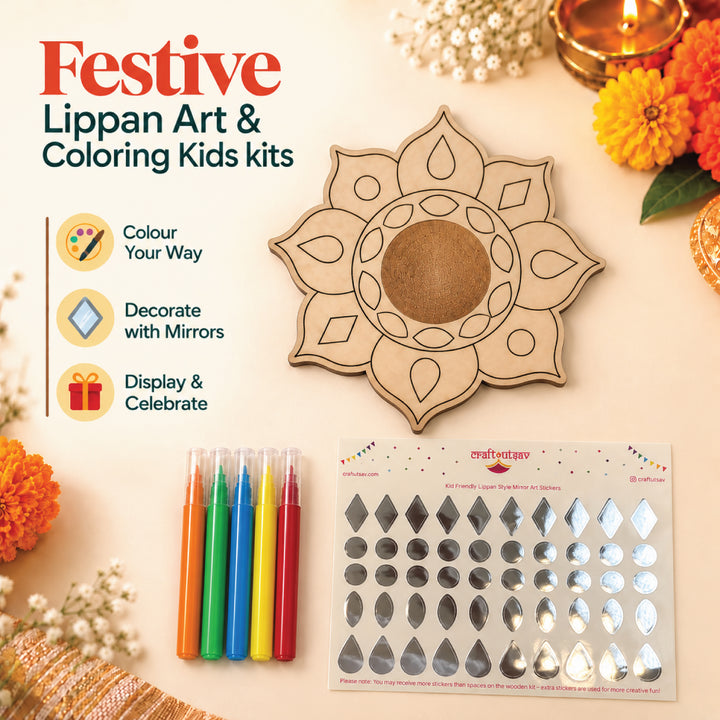 Eight-petal wooden Lippan mandala kit with five coloring pens and a sheet of silver mirror-finish stickers