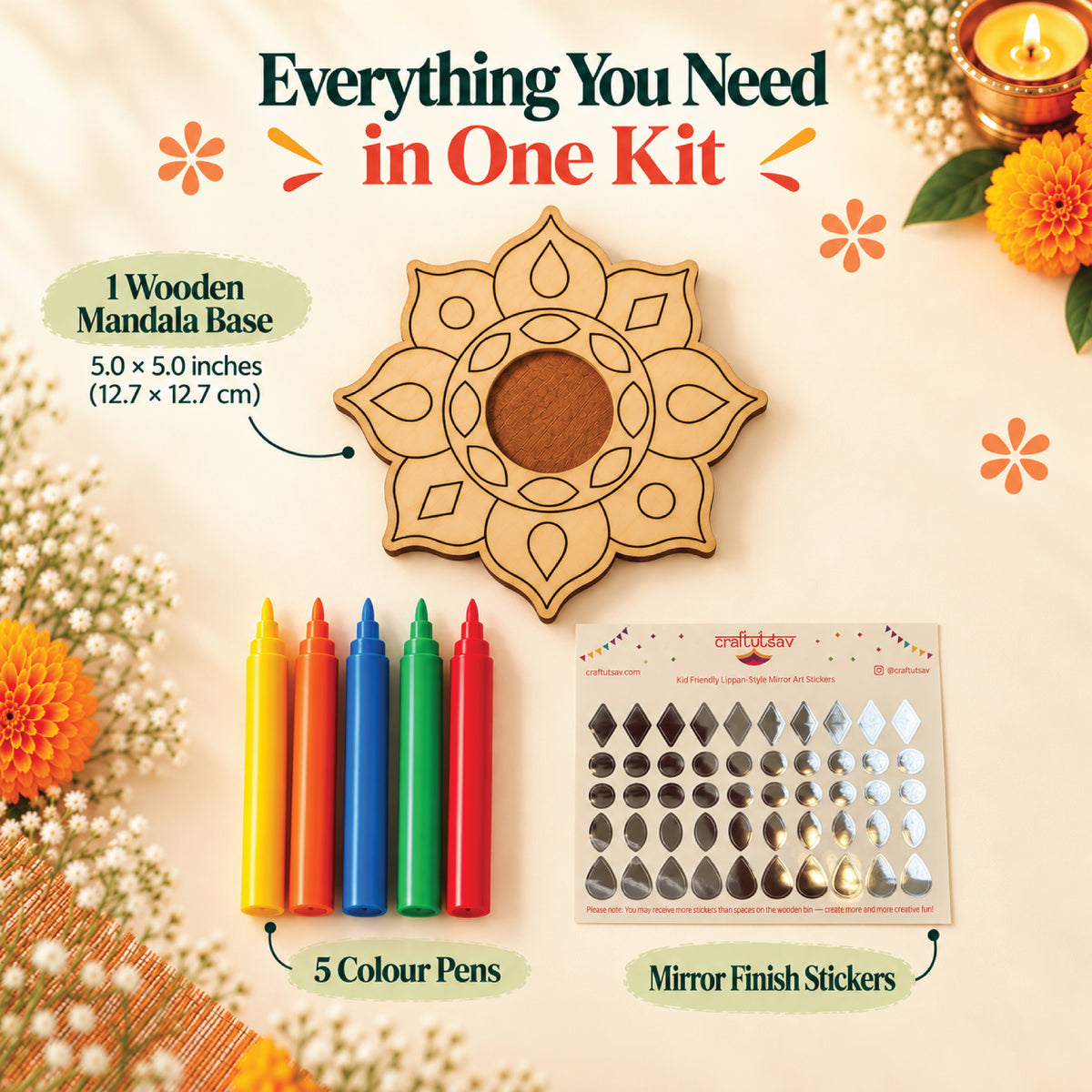 Kit contents shown: one eight-petal wooden mandala base, five coloring pens and a mirror-finish sticker sheet