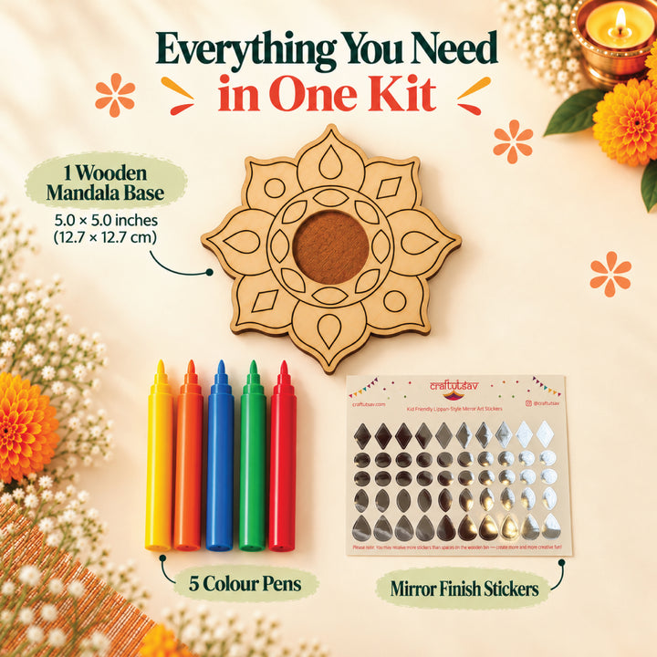 Kit contents shown: one eight-petal wooden mandala base, five coloring pens and a mirror-finish sticker sheet