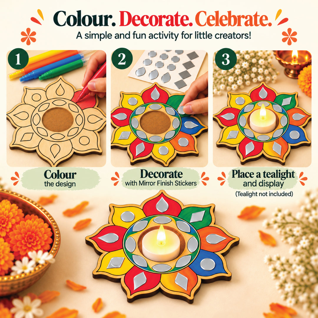 Steps showing coloring the wooden mandala, adding mirror-finish stickers and displaying the finished design; tea light not included