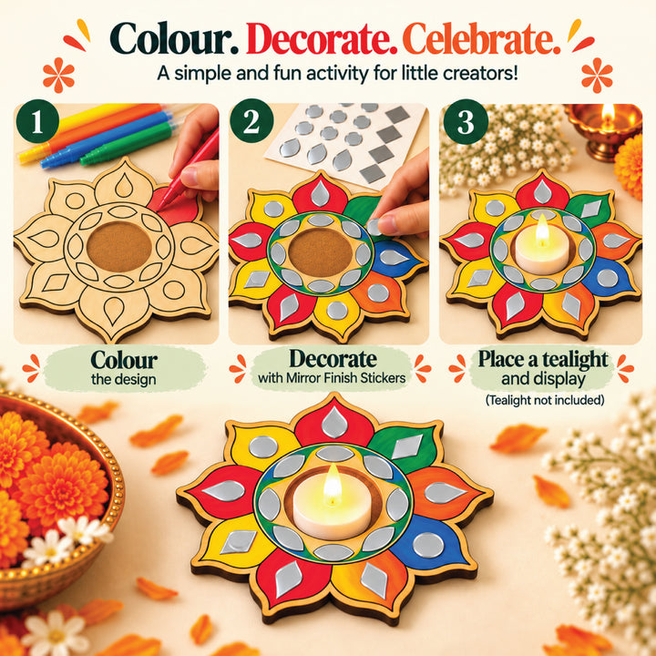 Steps showing coloring the wooden mandala, adding mirror-finish stickers and displaying the finished design; tea light not included