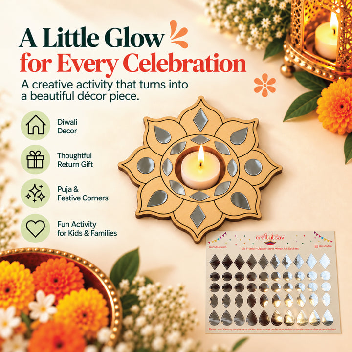 Uncolored eight-petal Lippan mandala decorated with reflective stickers, shown as festive decor; tea light not included