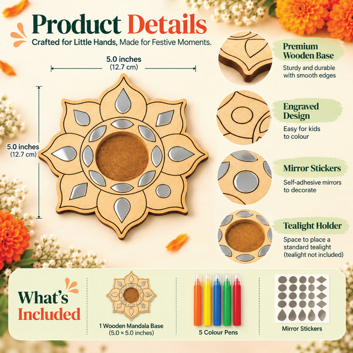 Wooden mandala craft details showing outlined petals, mirror-finish stickers and a recessed center for display
