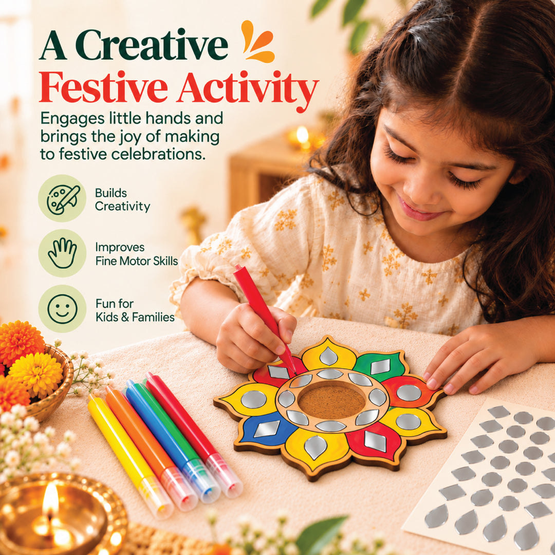 Child coloring the eight-petal wooden Lippan mandala with bright colors and mirror-finish stickers