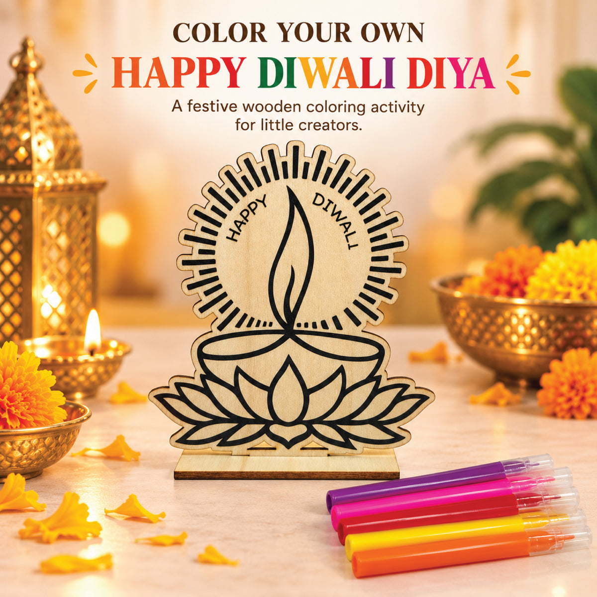 Lotus Diwali Diya wood coloring kit with sketch pens