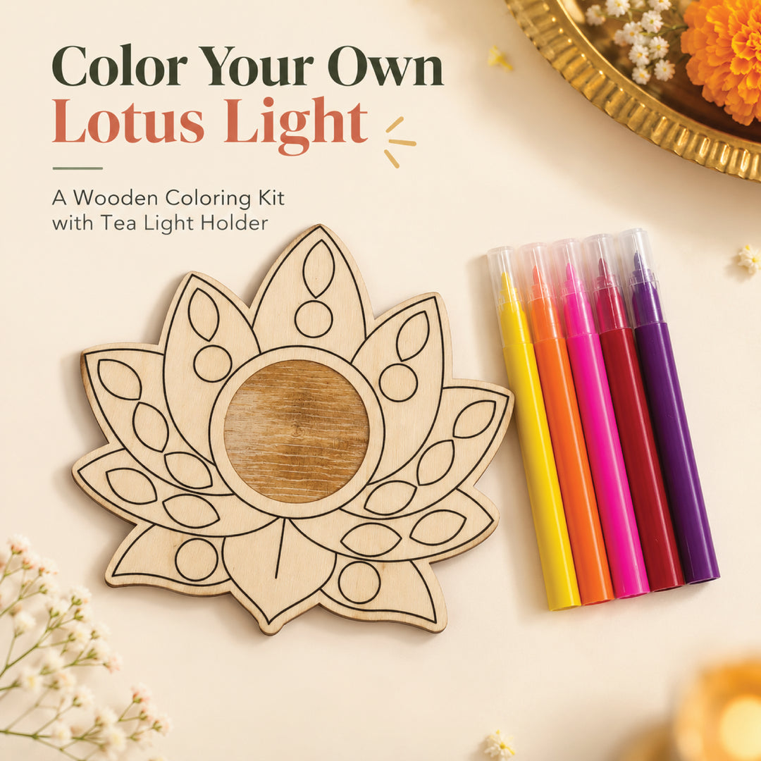 Lotus-shaped wooden tea light holder coloring kit with five sketch pens