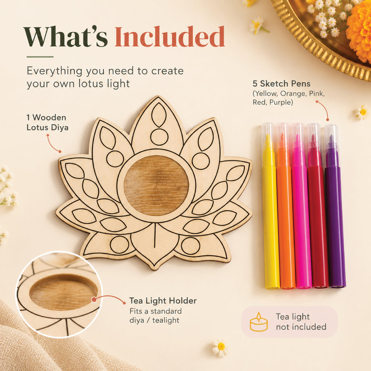 Kit contents: one wooden lotus tea light holder and five sketch pens; tea light not included