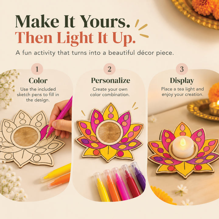Color, personalize and display the lotus-shaped wooden holder with an LED tea light