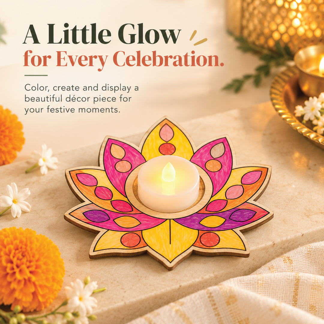Colored lotus-shaped wooden tea light holder displayed with an LED tea light, not included