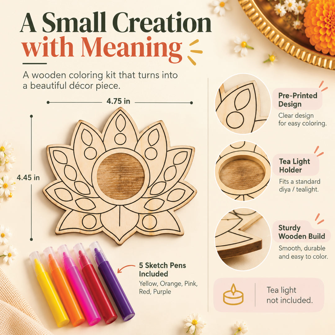 Lotus wooden coloring kit measuring 4.75 inches wide by 4.45 inches high with five sketch pens