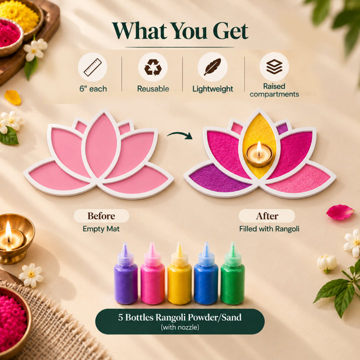 Mess Free Lotus Rangoli Mat | Reusable Diwali Rangoli Kit for Kids &amp;amp; Adults