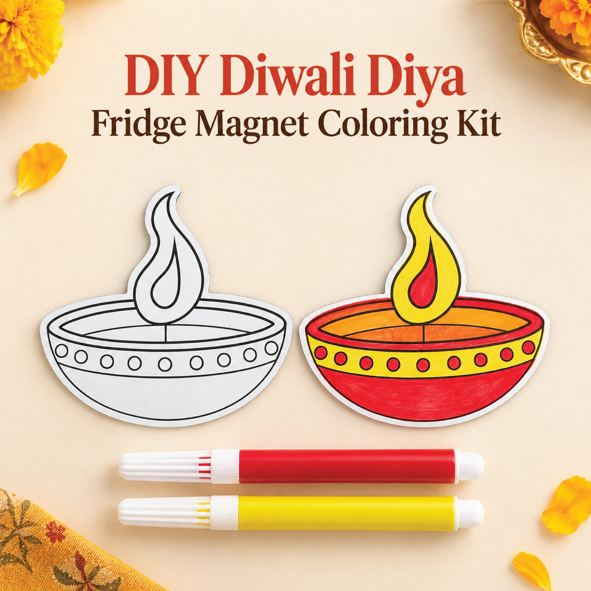 Diwali diya bowl fridge magnet coloring kit, shown uncolored and colored with red and yellow sketch pens