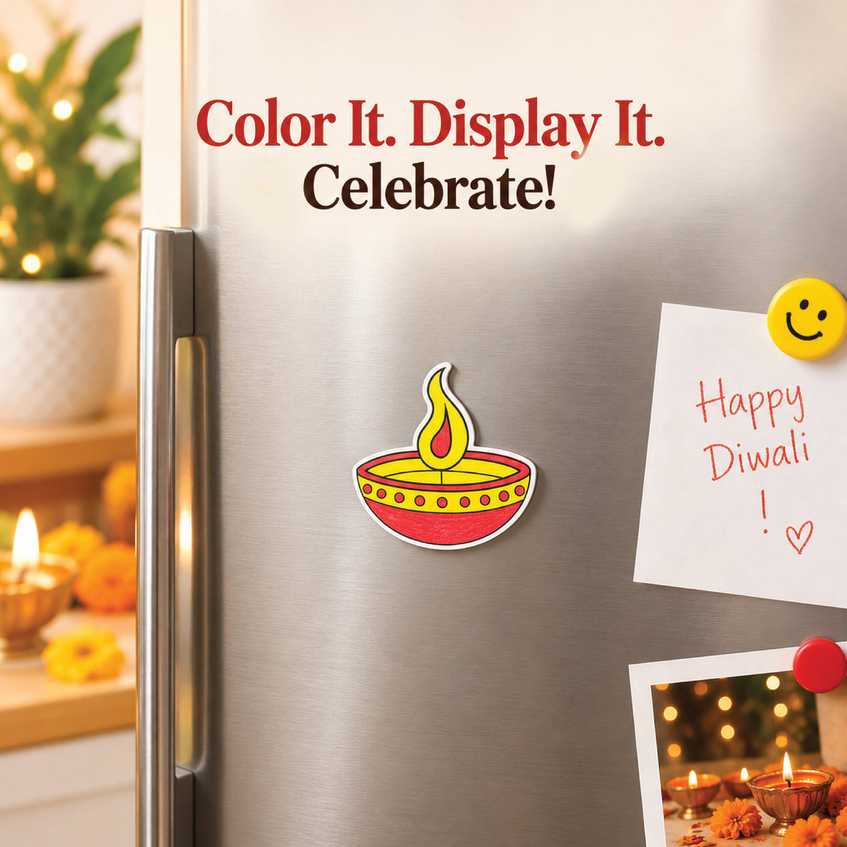 Diwali diya bowl fridge magnet coloring kit displayed on a refrigerator