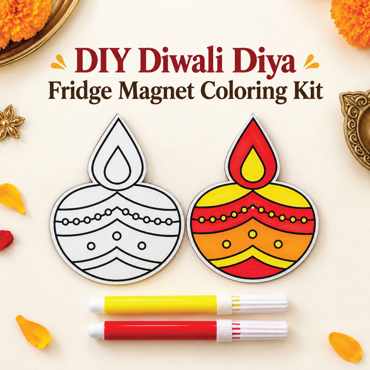 Diwali diya fridge magnet coloring kit shown uncolored and colored with red and yellow sketch pens