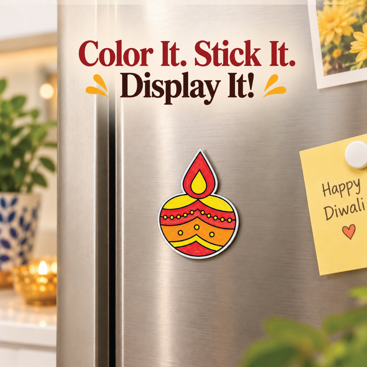 Diwali diya fridge magnet coloring kit displayed on a refrigerator