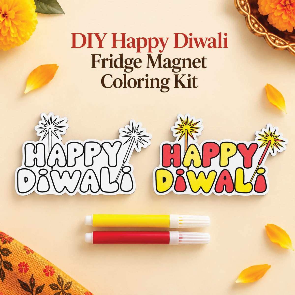 Happy Diwali fridge magnet coloring kit shown uncolored and colored with red and yellow sketch pens