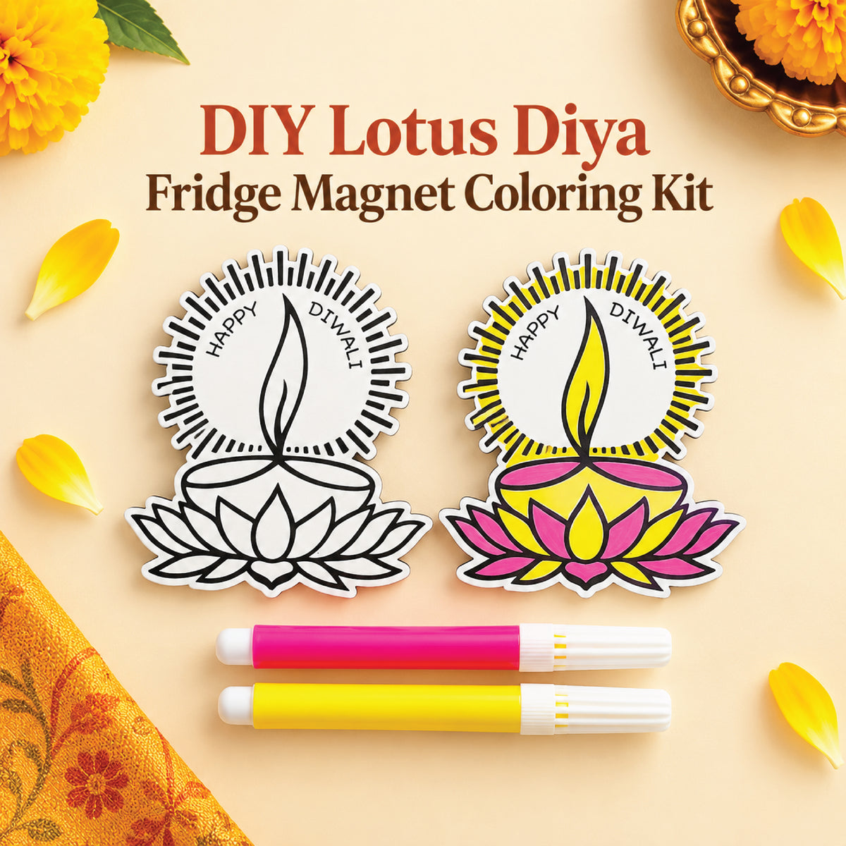 Lotus diya fridge magnet coloring kit shown uncolored and colored with pink and yellow sketch pens