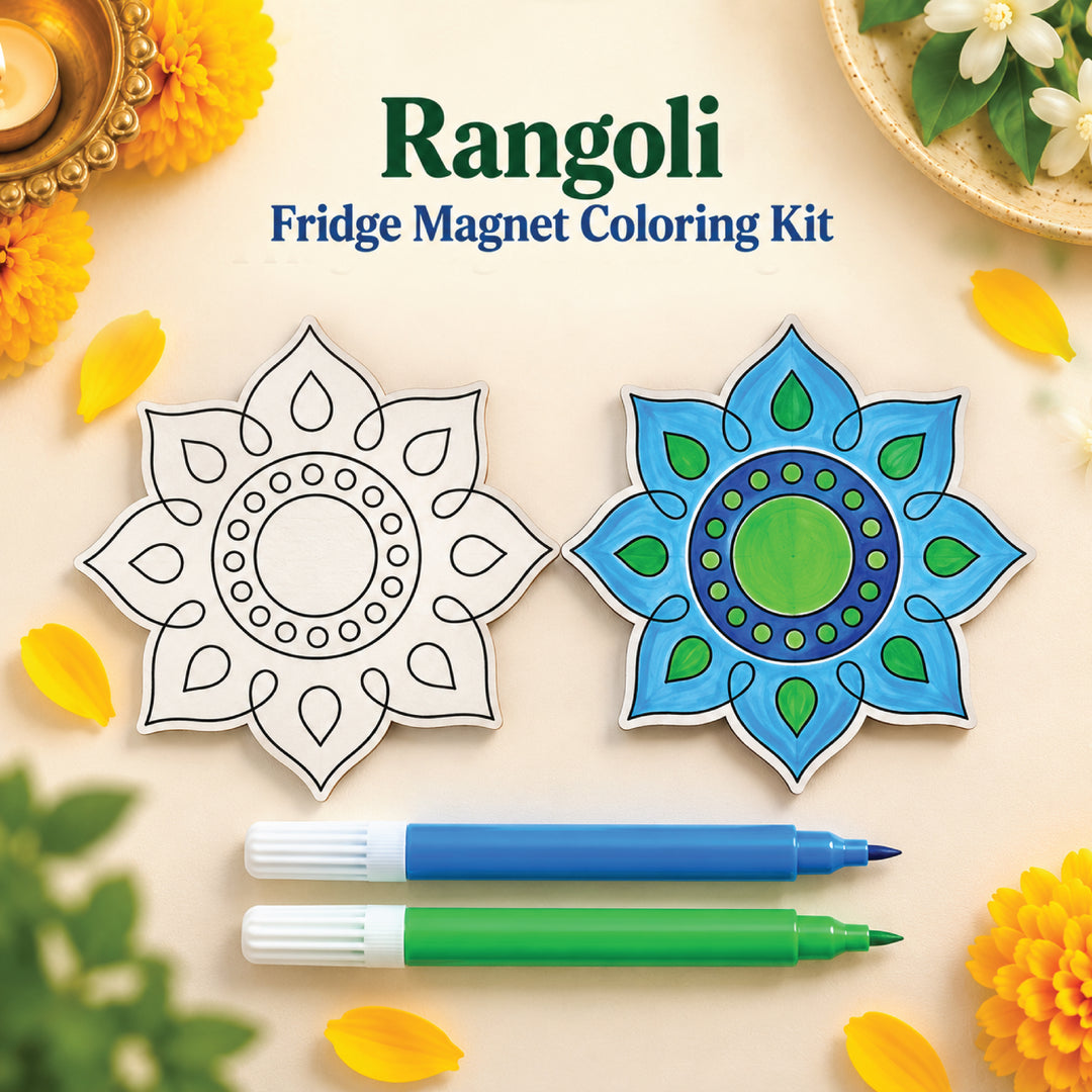 Rangoli fridge magnet coloring kit shown uncolored and colored with blue and green sketch pens
