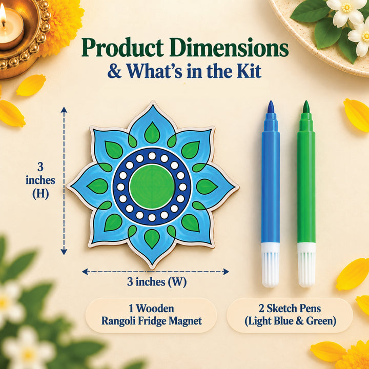 Rangoli fridge magnet coloring kit dimensions and kit contents with two sketch pens