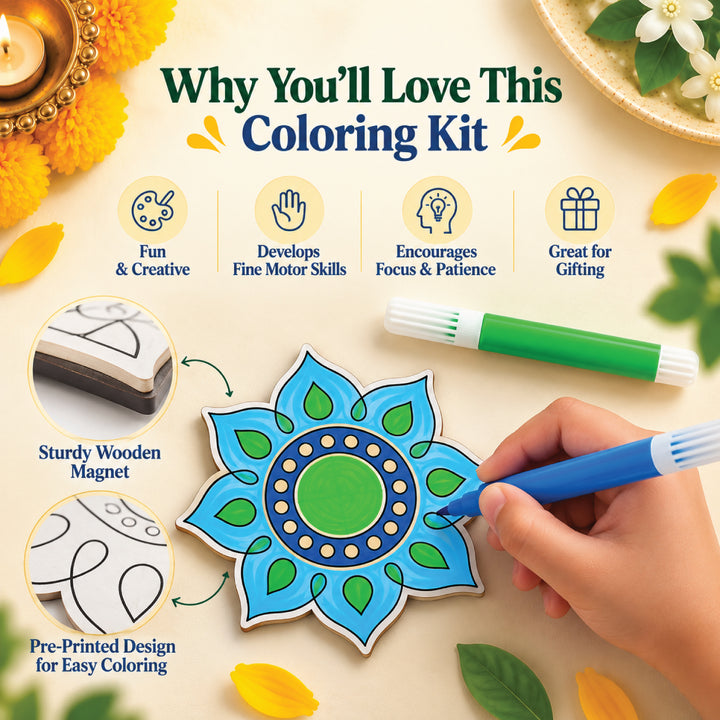 Rangoli fridge magnet coloring kit being colored with a blue sketch pen