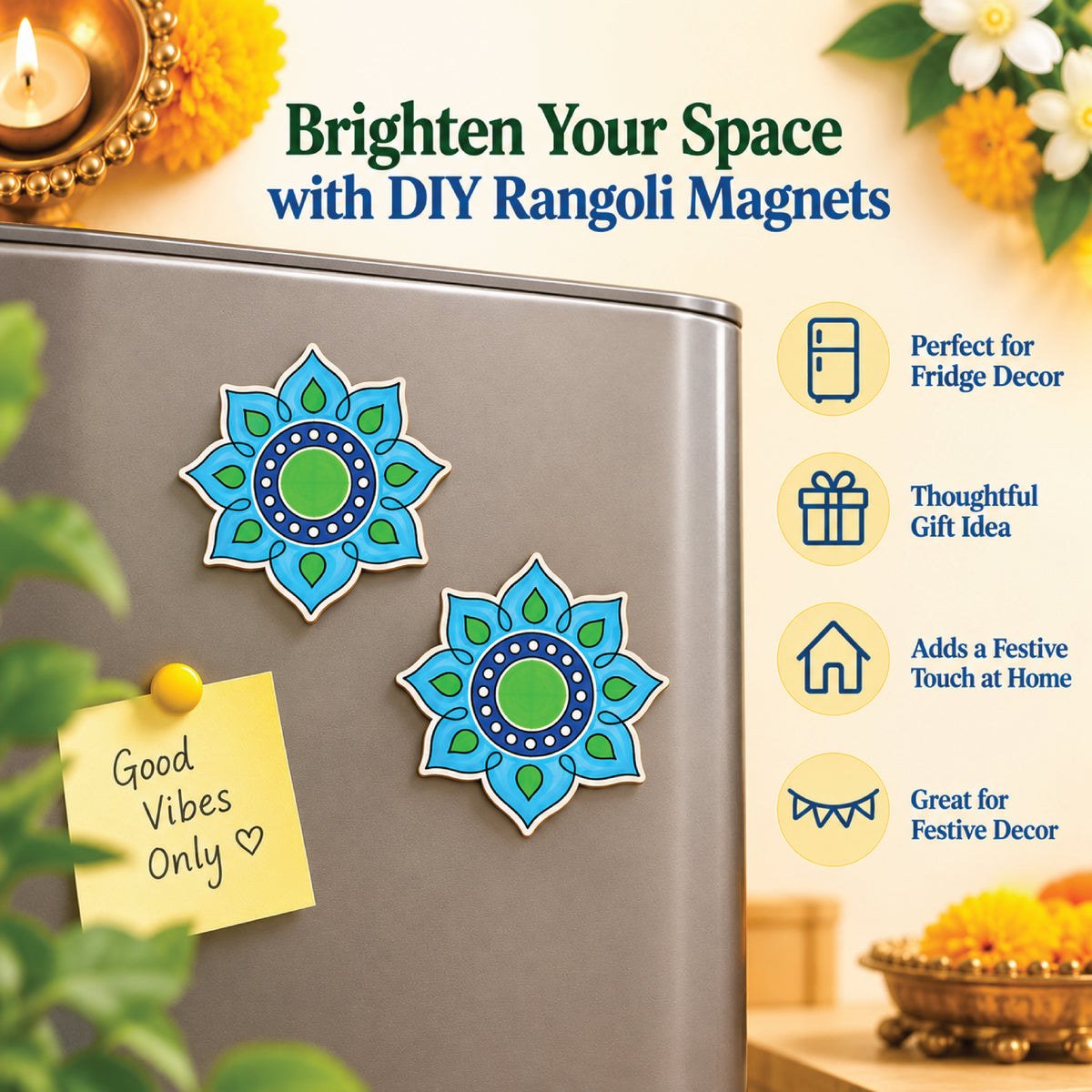 Rangoli fridge magnet coloring kit displayed on a refrigerator