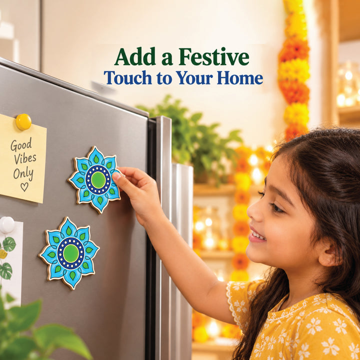Rangoli fridge magnet coloring kit being placed on a refrigerator