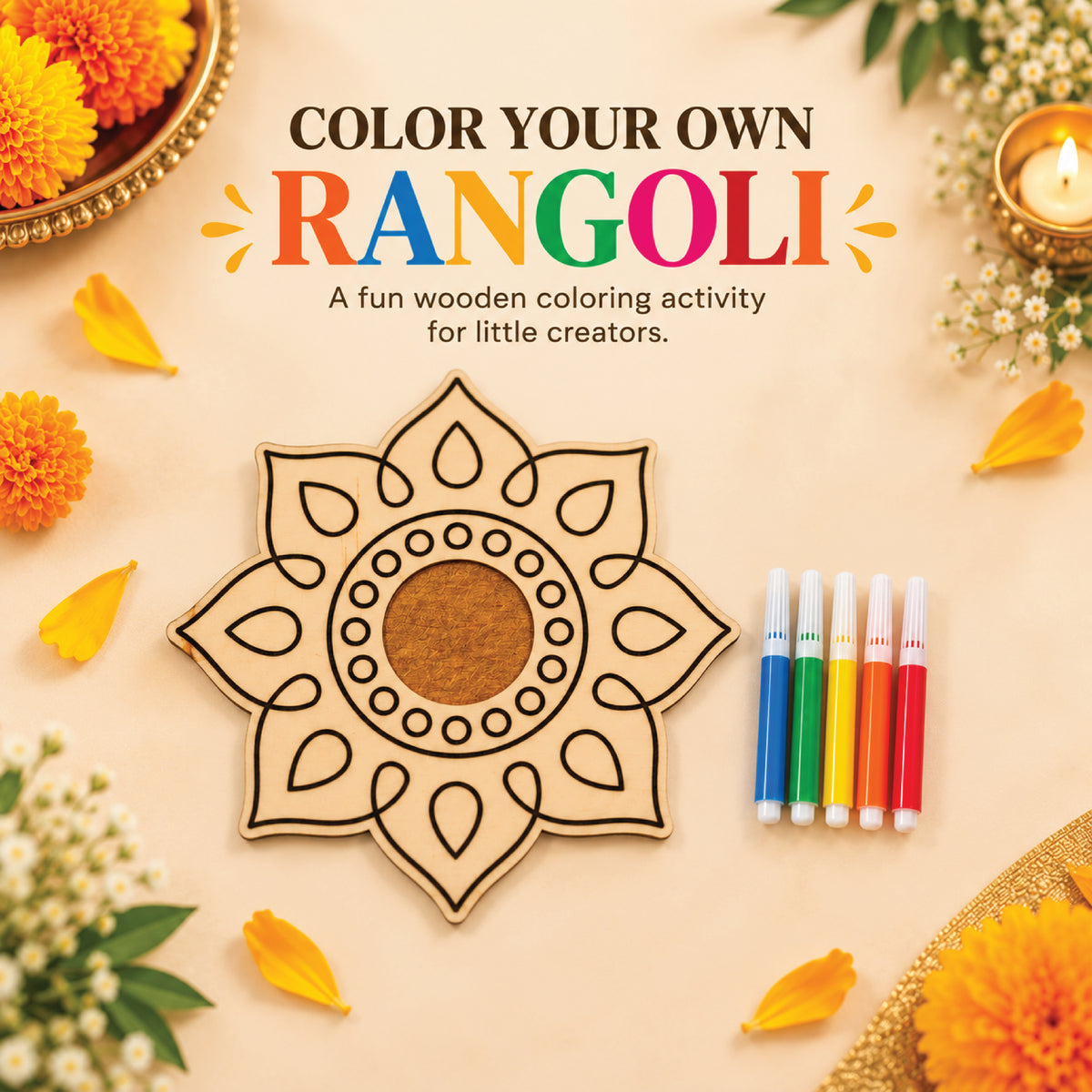 Rangoli mandala wood coloring kit and five sketch pens